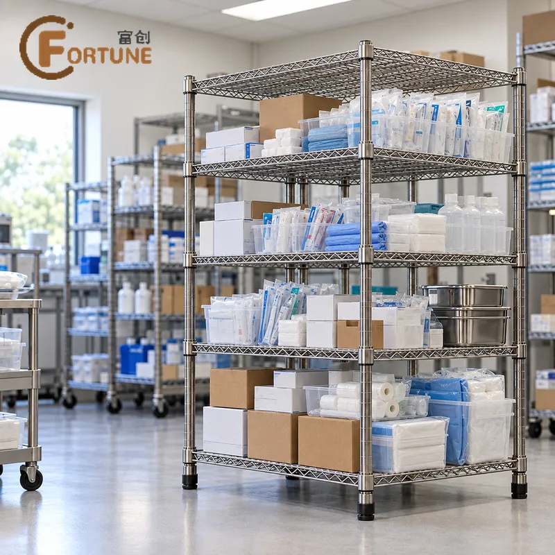 Configurable stainless steel wire shelving for medical supply rooms, laboratory storage areas, and central stockrooms.